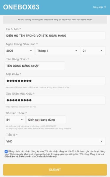 Đăng Ký Tài khoản Onebox63