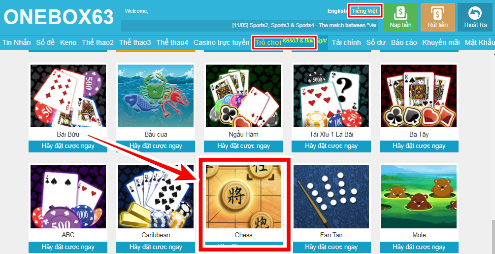 ĐĂNG NHẬP TRÒ CHƠI GAME CHESS (CỜ TƯỚNG) TẠI ONEBOX63